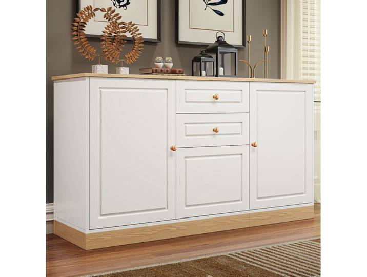 Buffet bas 3 portes 2 tiroirs blanc et aspect bois 135 5 x 39 x 76 cm