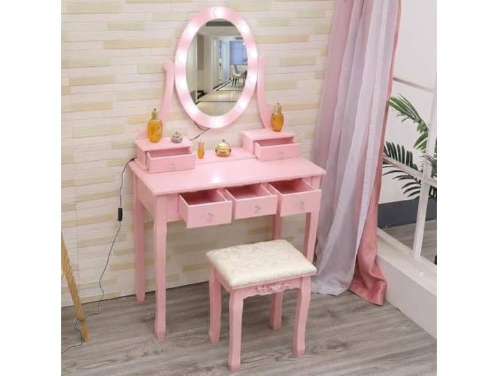 GarveeMore Moderne Schminktisch mit verstellbarem LED-Spiegel, 5 großzügige Schubladen, integrierter Stuhl – Eleganter Make-up-Tisch für das Schlafzimmer – Ideal für Frauen und Mädchen