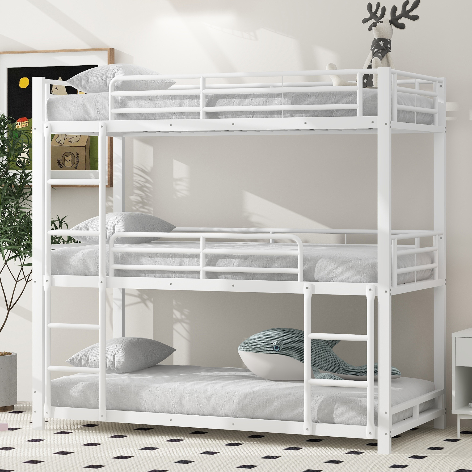 Etagenbett mit 3 Schlafgelegenheiten und Lattenrost, 90x200 cm, Kinderbett mit Rausfallschutz, Metallbett