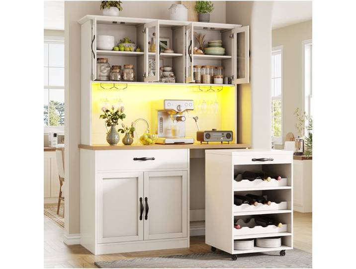 Buffet de cuisine avec chariot roulant LED AESVAR 140 cm MDF blanc