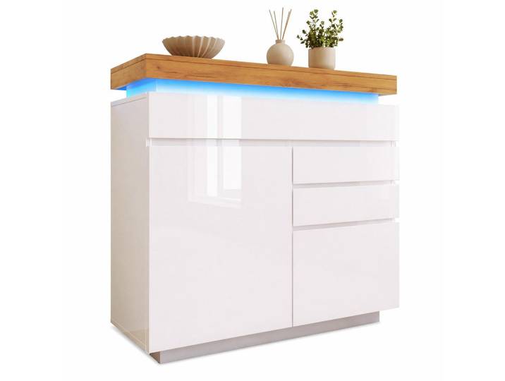 Stilvora Sideboard in Weiß Hochglanz Sideboard mit Schubladen und LED für Wohnzimmer und Schlafzimmer, B110/T39/H115 cm, Rechteckig,Rechteckig, 110x115x39 cm, Kleinmöbel, Kommoden, Sideboards