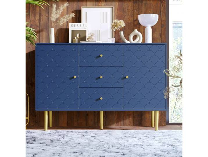 Commode sideboard 2 portes 3 tiroirs avec étagère réglable bleu marine panneaux de particules et métal ORVRYN