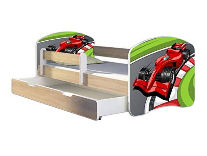 ACMA Kinderbett 140x70 Jugendbett mit Einer Schublade und Matratze, Farbe Sonoma mit Rausfallschutz Lattenrost II Spielbett Kinderzimmer Möbel, 06 Formel 1