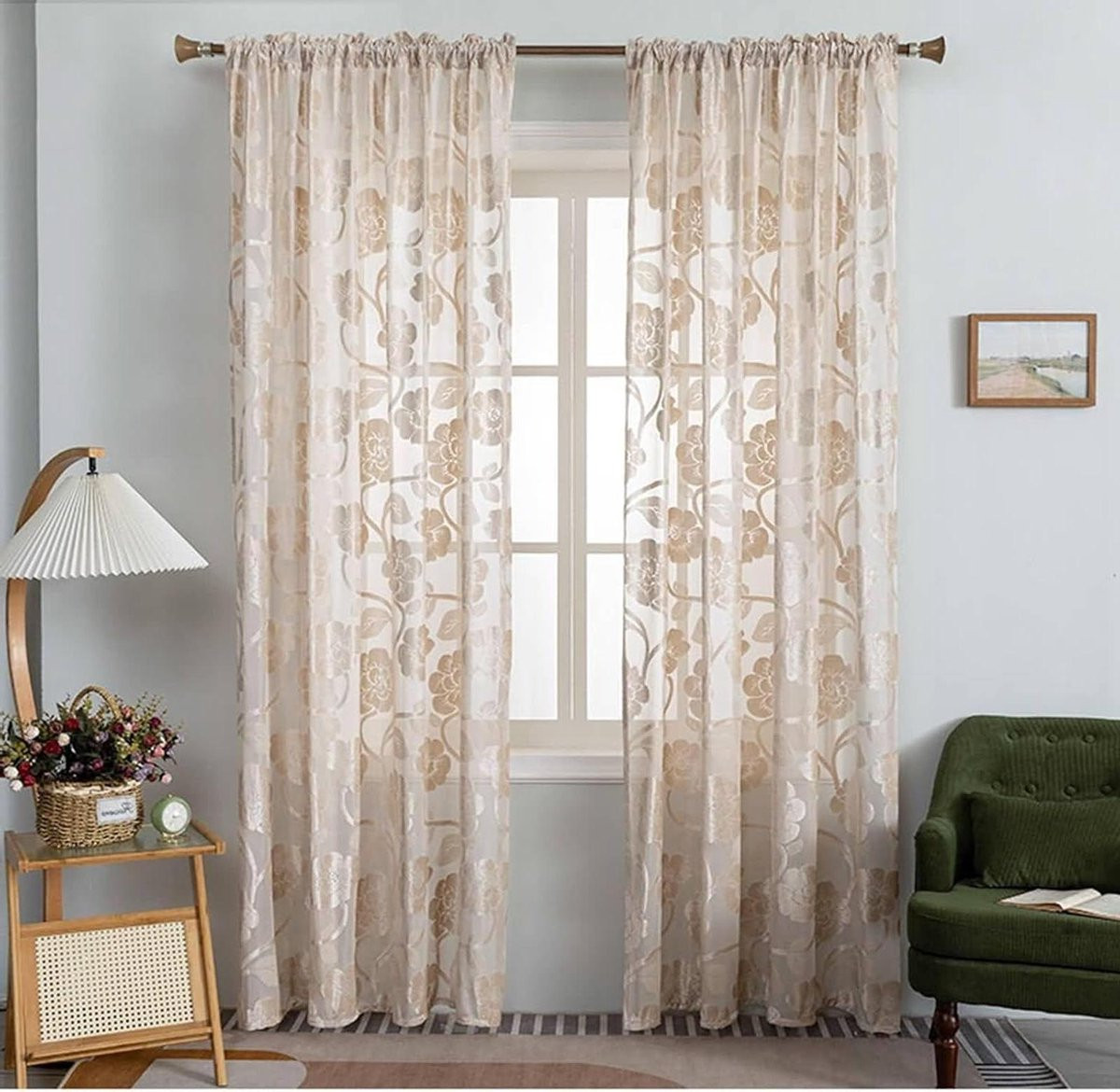 Beige Gordijnen Set met Bloemen Jacquard - Lichtdoorlatend Textiel - 96 x 115 cm