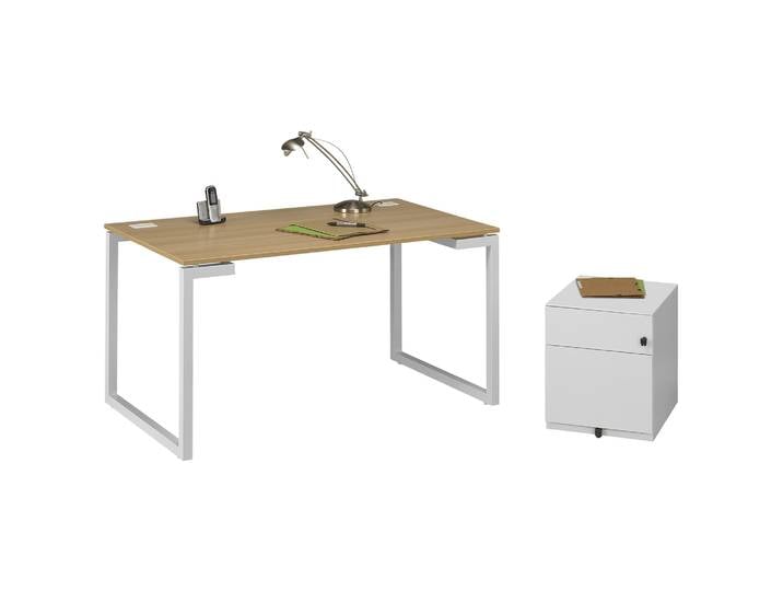 Pack bureau droit Vitaly L.120 x P.60 cm Chêne pieds Blanc + Caisson mobile métal 2 tiroirs Blanc