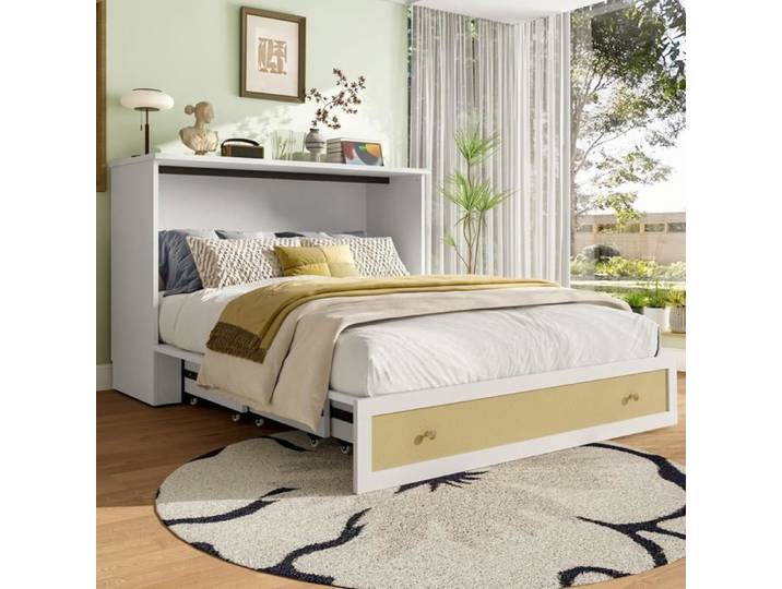 Lit escamotable 140x200 mobile avec tiroirs bout du lit et étagère en tête de lit avec USB et prise lit plateforme convertible blanc