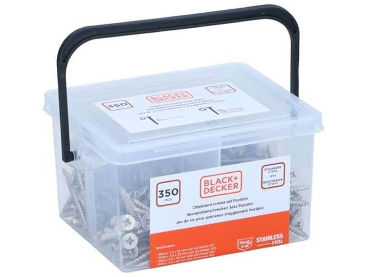 BLACK+DECKER Spaanplaatschroeven - schroevenset 350-delig - diameter 3,5 x L35 / diameter 4 x L30 / diameter 4,5 x L40 / diameter 5 x L50 - roestvrij staal - zilver
