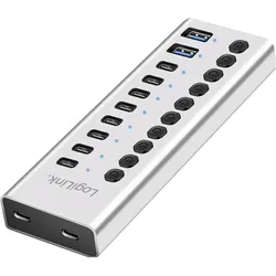 LogiLink Prüfen (USB-A, USB-C, 10 Ports), Dockingstation + USB Hub, Silber