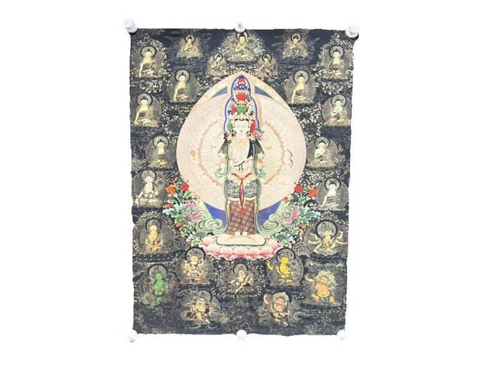 Bouddhisme tibétain Guanyin à mille mains et mille yeux, Tangka en soie, Artisanat d'art - Décorations murales bouddhistes anciennes faites à la main
