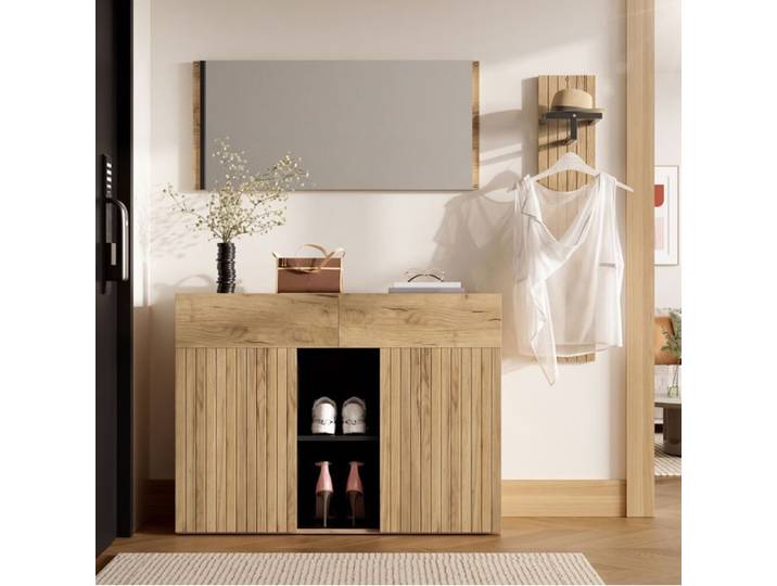 ROVRYN Ensemble vestiaire d'entrée 3 pièces avec meuble à chaussures miroir et tringle noir et bois 125 x 35 x 178 cm