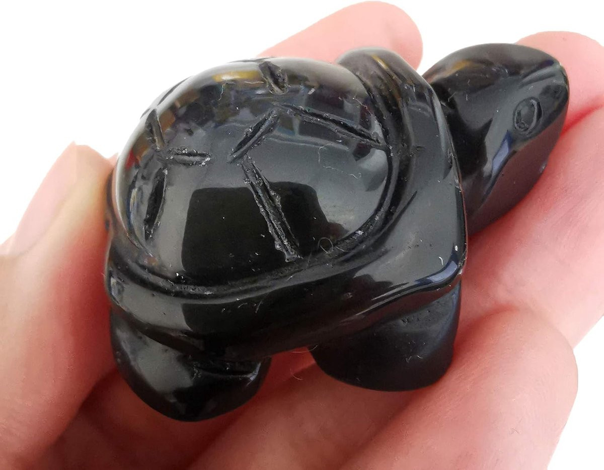 Handgesneden Schildpad van Zwarte Obsidiaan, 40 mm Kristallen Dierfiguur