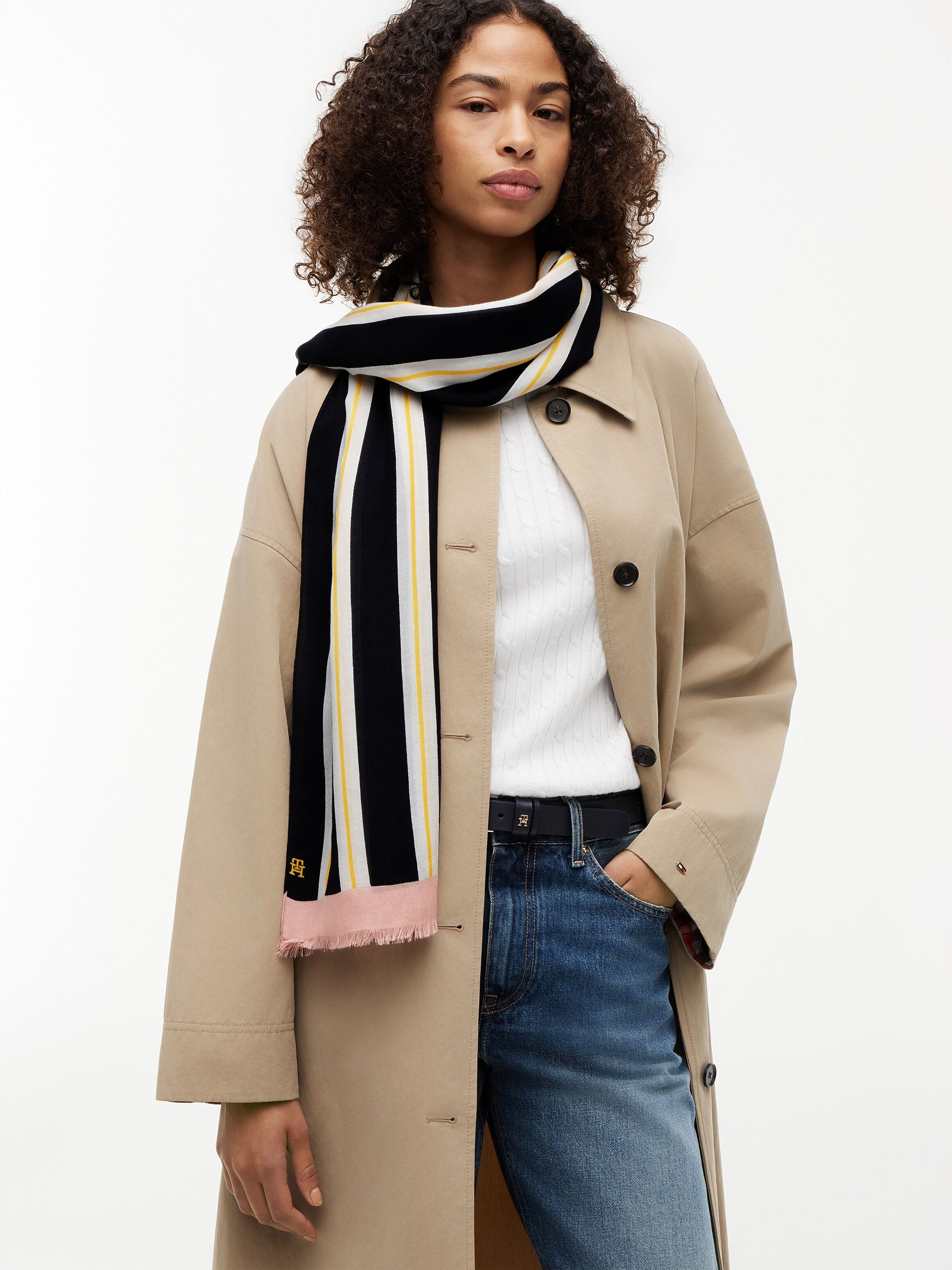 Modeschal TOMMY HILFIGER "TH ELEVATED CHIC SCARF", Damen, bunt (space blau stripe), Web, Baumwollmischung, gemustert, Modetücher Modeschal space blau stripe Einheitsgröße