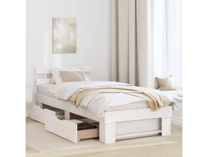 KTHLBRH Weißes Bett Kiefer massiv 200 x 200 cm Mit Kopfteil, integrierten Schubladen, Höhe 31 cm, leicht zu reinigen