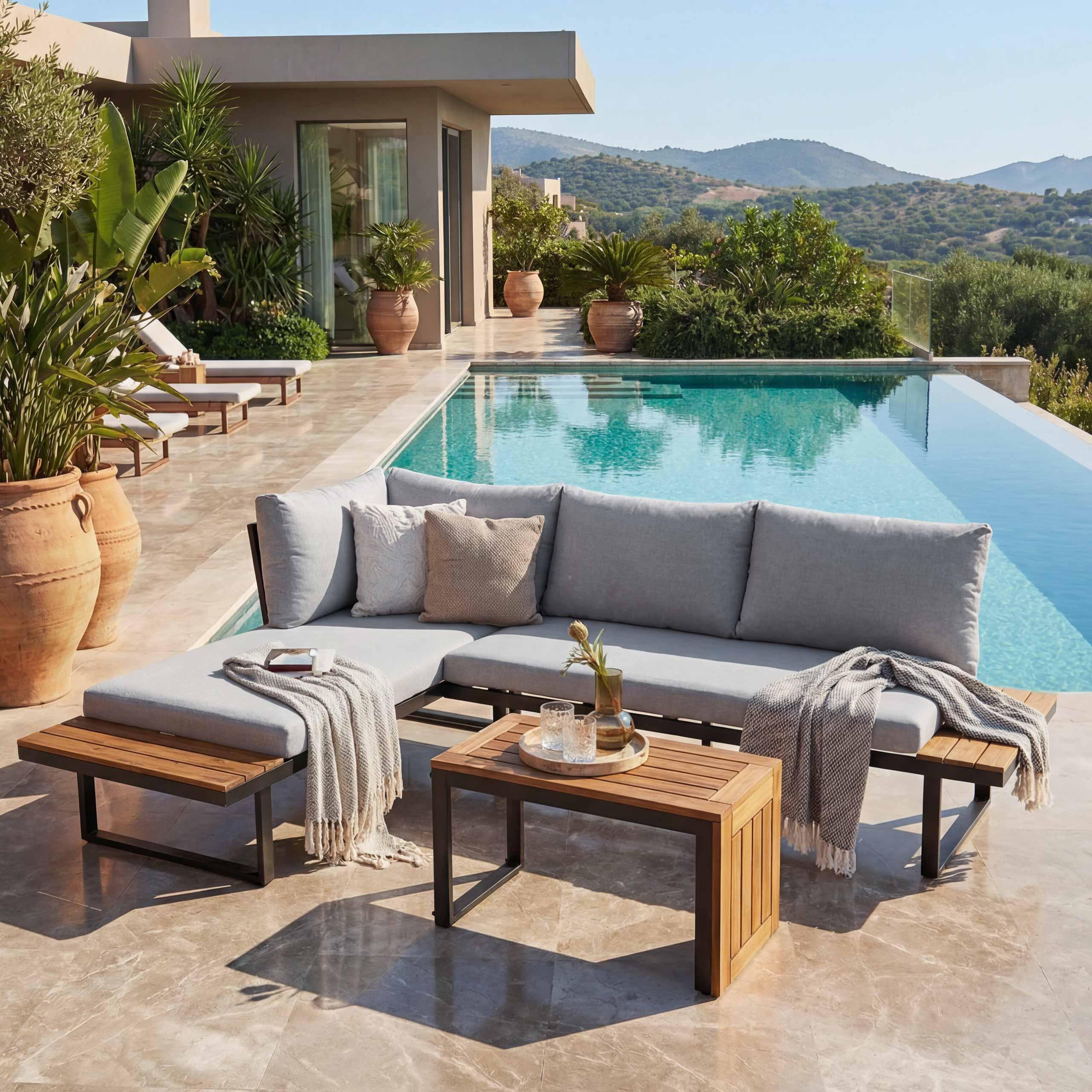 Garten Garnitur MCW-L27, Garnitur Sitzgruppe Lounge-Set Sofa, Spun Poly Alu Akazie Holz MVG- hellgrau