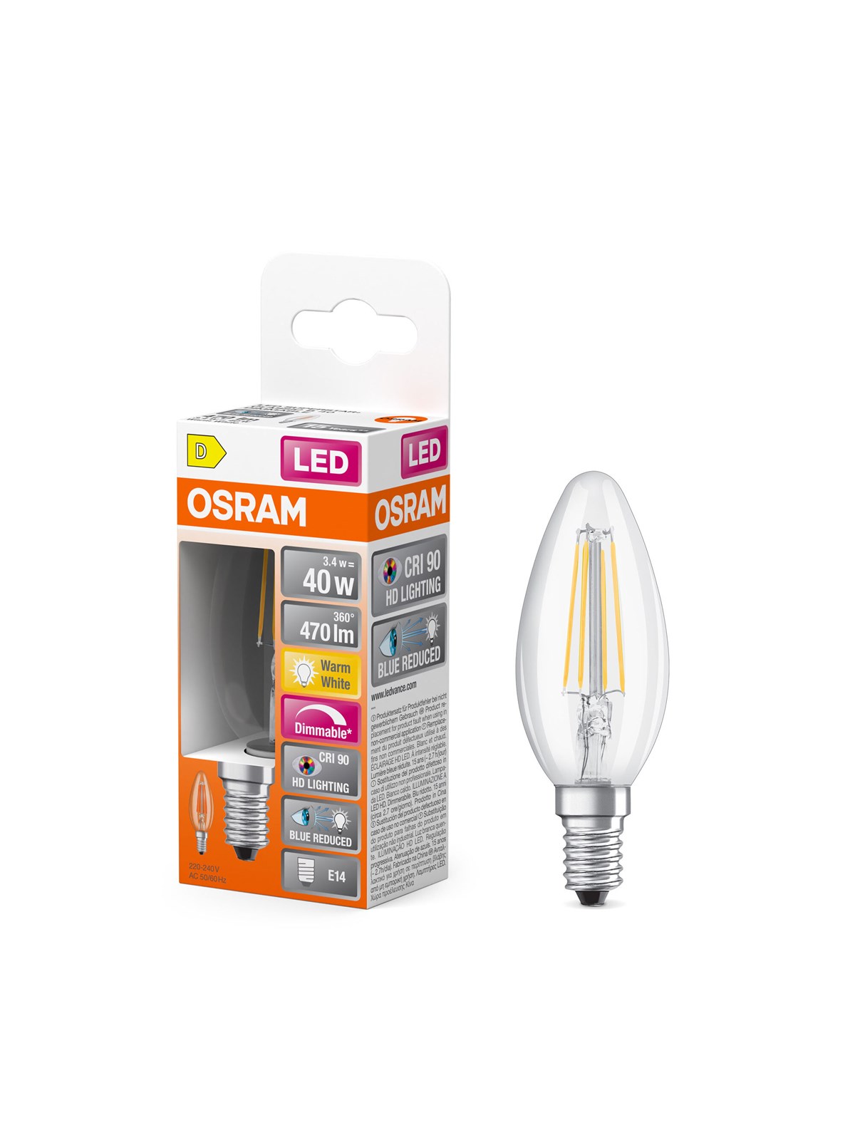 Osram LED-Lampe LED Comfort candle filament 470lm 3.4W/927 (40W) E14 dimmable E14