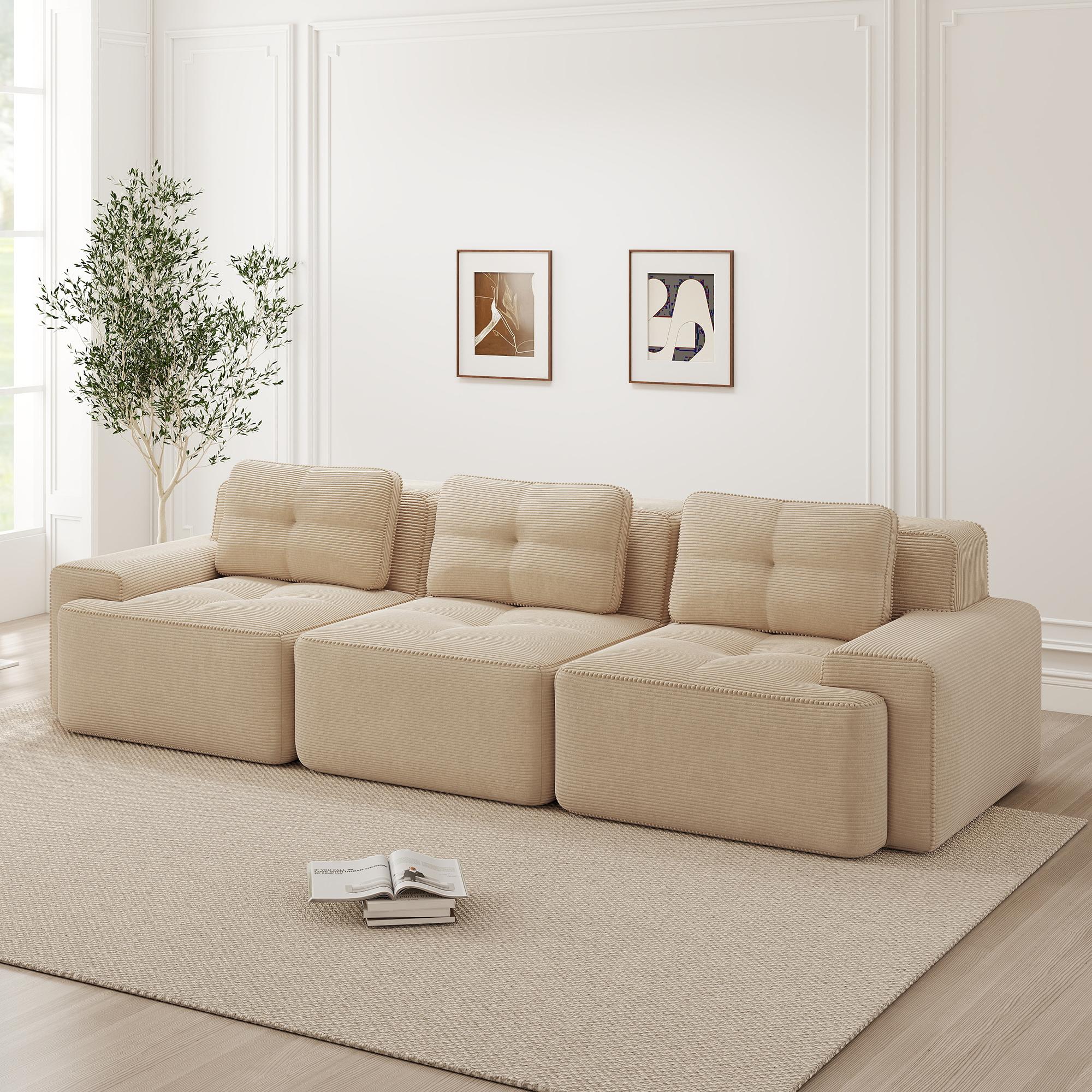 Cloud Modulsofa, boneless, modular, Ecksofa, Cord, 3-Sitzer, Tiefsitz, montagefrei. Beige