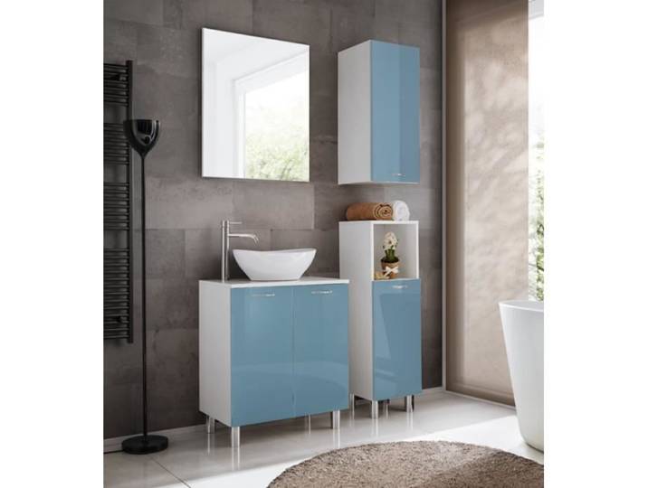Ensemble de meuble de salle de bain - Nika - Turquoise/Blanc - Style minimaliste - Grand miroir