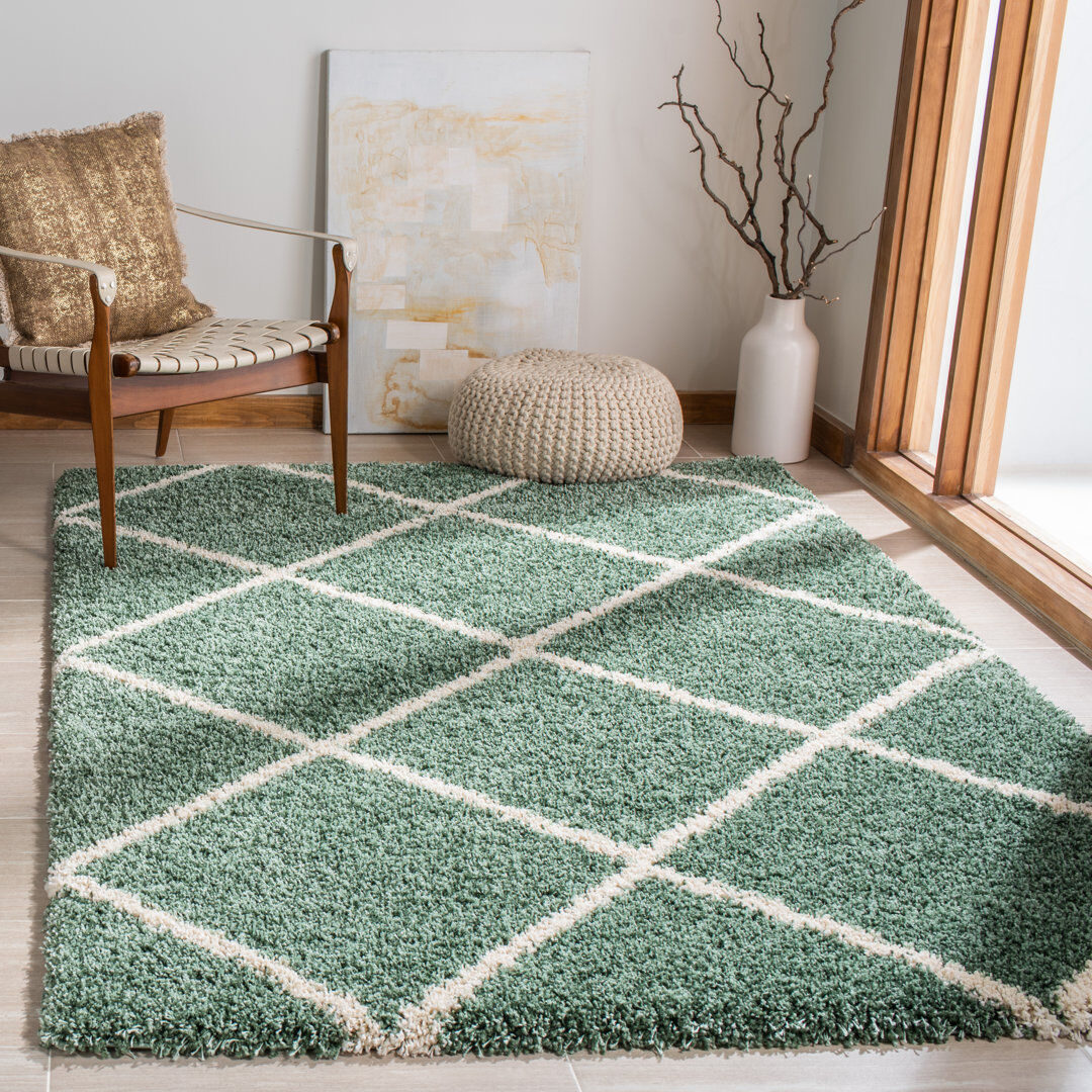 17 Stories Striped Area Rug Green;Ivory Rectangle 122 x 183 cm