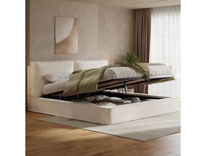 Merax Polsterbett Doppelbett 180x200 cm mit hydraulischem Stauraum & Lattenrost,13 cm Dickes gepolstertes Kopfteil (105 cm hoch), eingebaute Struktur, Samt, Beige (Ohne Matratze)