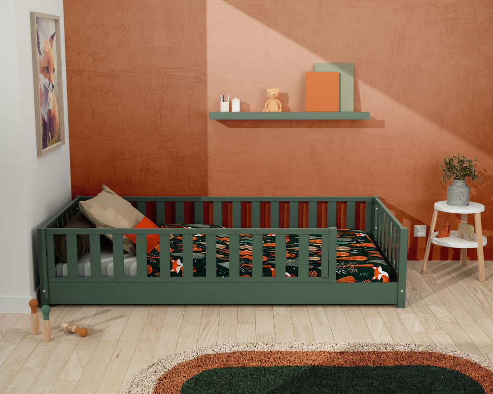 Jurababy Lit au sol enfant en bois avec matelas - 90x190 Vert 198x48x94cm