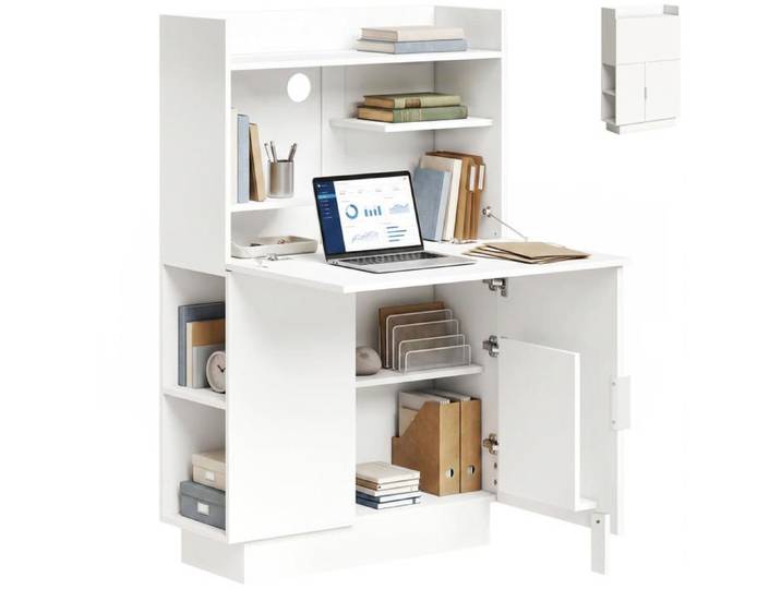 Bureau informatique pliant secrétaire AoSenYunZhou avec plateau rabattable et placard 80x30x128cm blanc pour petit espace