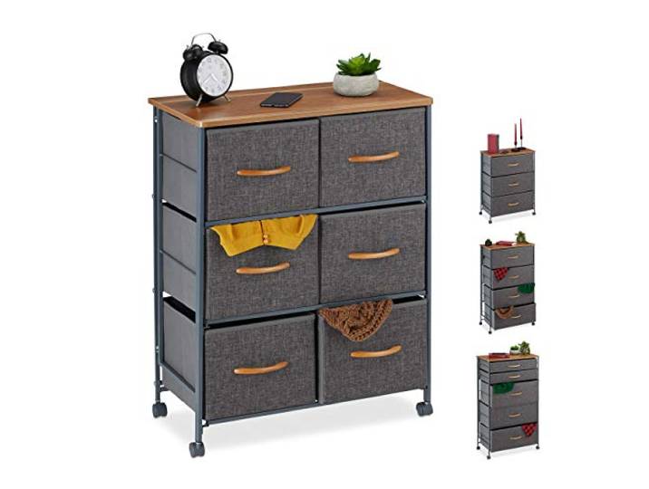 Relaxdays Schubladenschrank mit Rollen, 6 Stoff Schubladen, grau