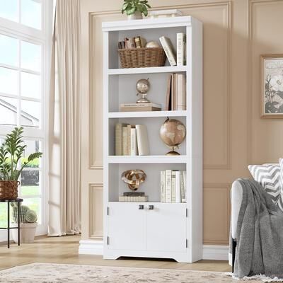 Garvee Farmhouse Bookcase with 2 Doors & Adjustable Shelves - Open Display Storage Rack with Anti-Slip Design