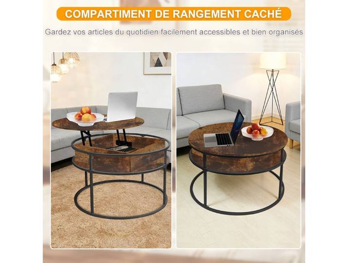 SUPFINE Table Basse avec Rangement Caché Ronde Table Basse Plateau Relevable 2 en 1 pour Salon et Bureau 60 × 60 × 47cm Marron
