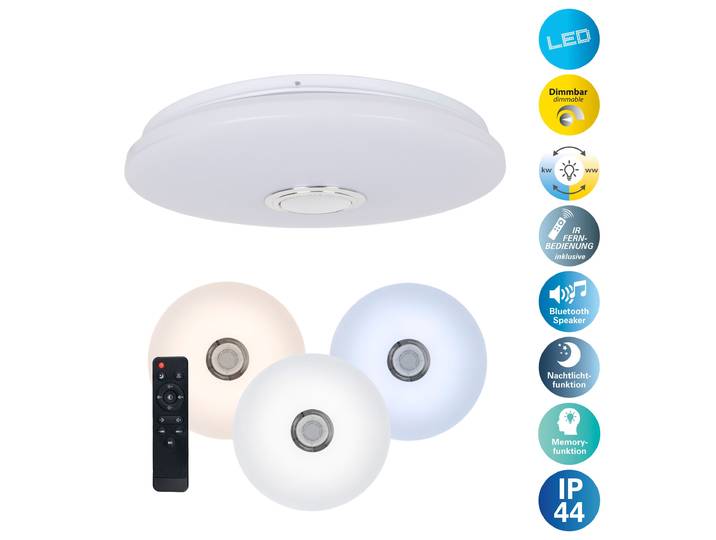 NÄVE LED Deckenleuchte Norderney , weiß, 1, Ø 38cm H: 6,5cm, 1 Stk., Leuchten, Naturgeräusche, Bluetooth Speaker, CCT, Memory, Nachtlicht, dimmbar, LED Deckenleuchte