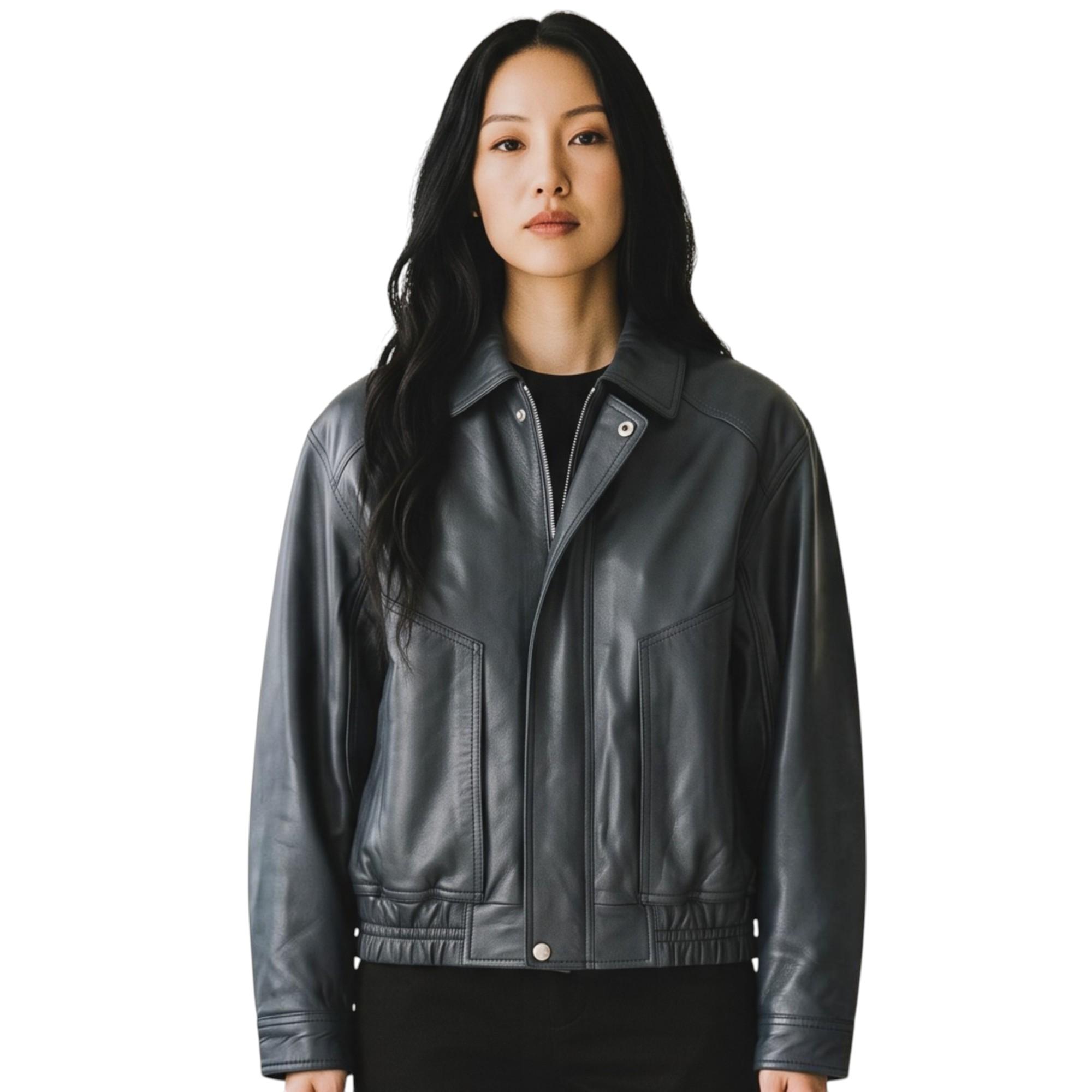 Damenblaue Leder-Biker Blouson Bomber Oversized Jacke – Sibiu