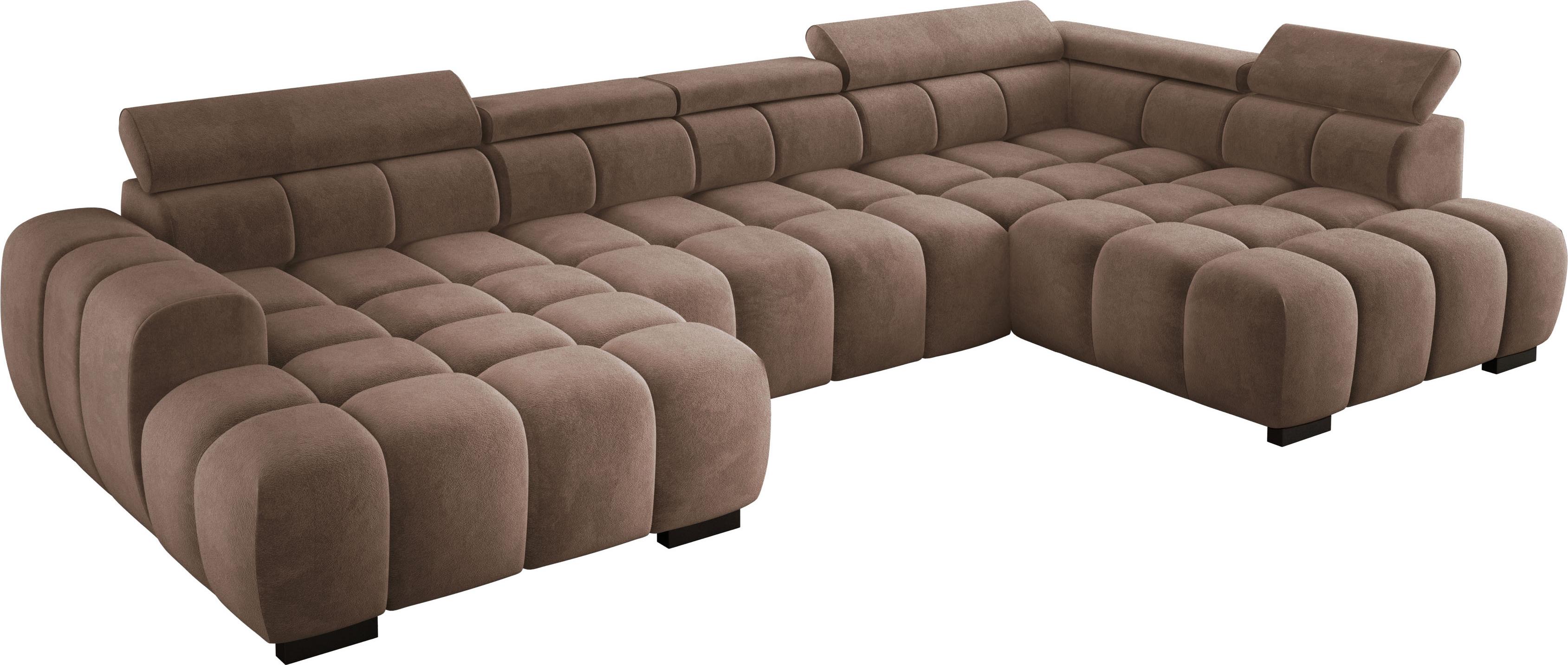 OMBO-U XL Modern Großes U-Förmiges Ecksofa Stoff SALVADOR Camel Rechte Seite 393×205×97 cm Verstellbare Kopfstützen, Schlaf-Optional, Minimalistisches Kubistisches Design