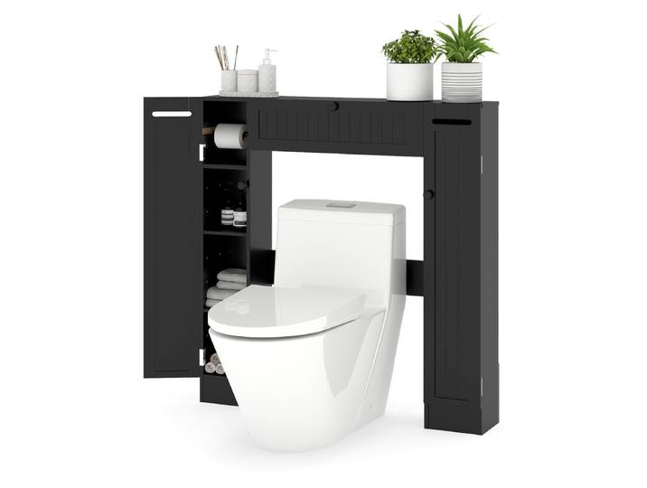 Toiletplank Vrijstaande Wastafelmeubel Met Verstelbare Plank Toiletrolhouder-Zwart
