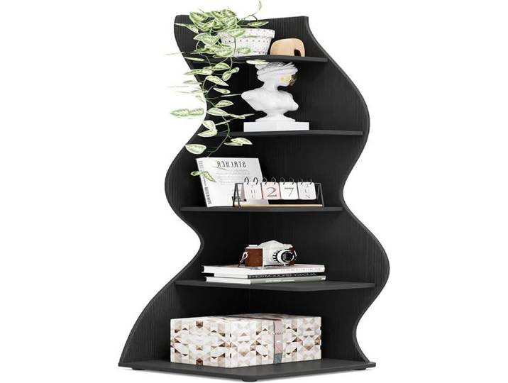 Finmind Étagère d'angle moderne à 5 niveaux petite bibliothèque d'angle élégante avec forme unique pour le salon Noir