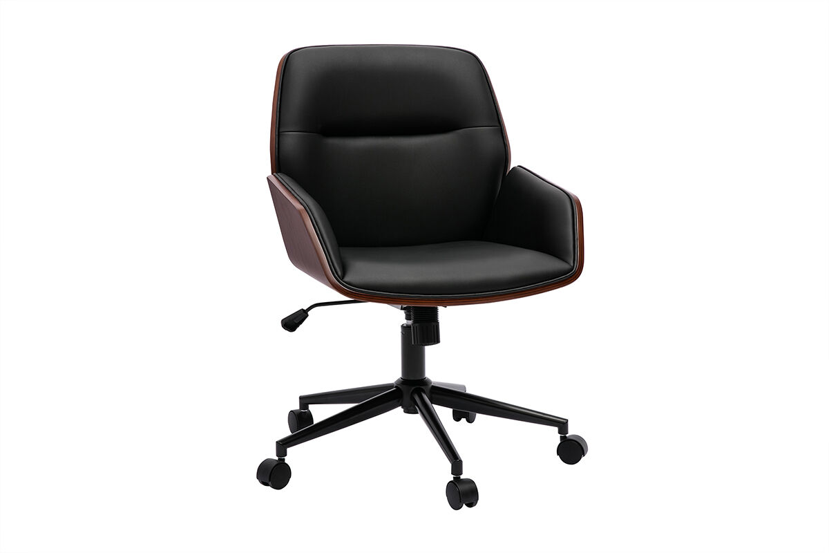 Miliboo Schwarzer Design-Bürostuhl mit Rollen, dunkles Holz und schwarzes Metall MARLOW