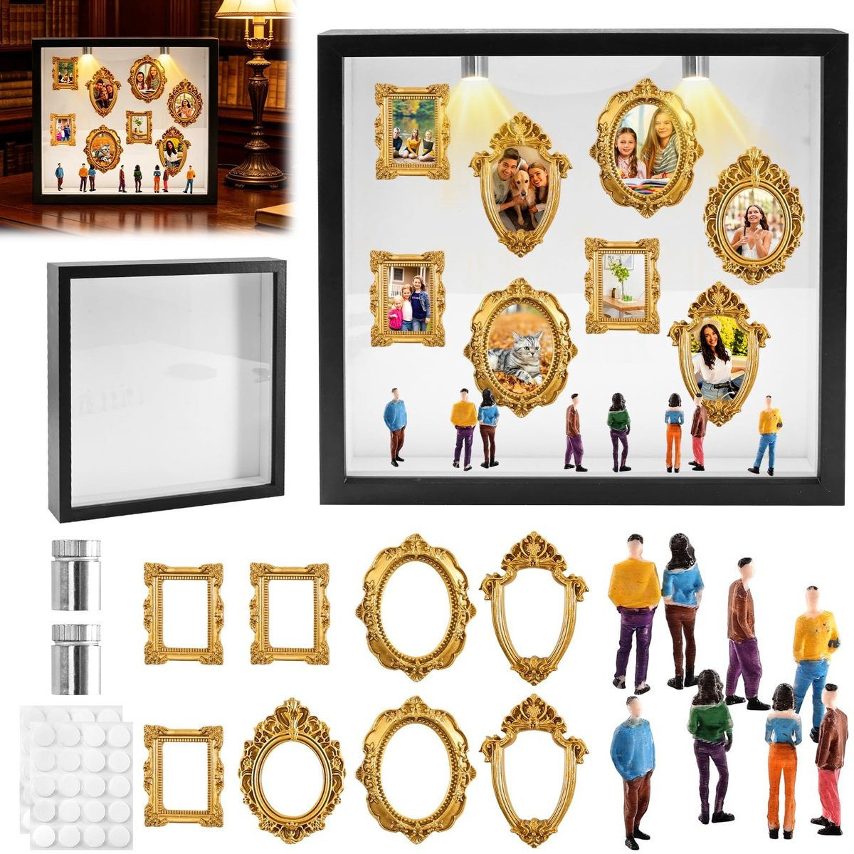 Omgoods DIY Mini Museum Fotolijst Set met 8 Figuren en LED Spots