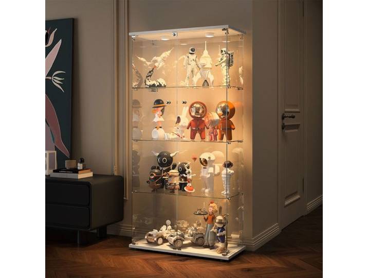 Vitrine en Verre Miroir Led Vitrine de collection avec serrure 2 portes 4 étages Vitrine en verre pour collection Blanc
