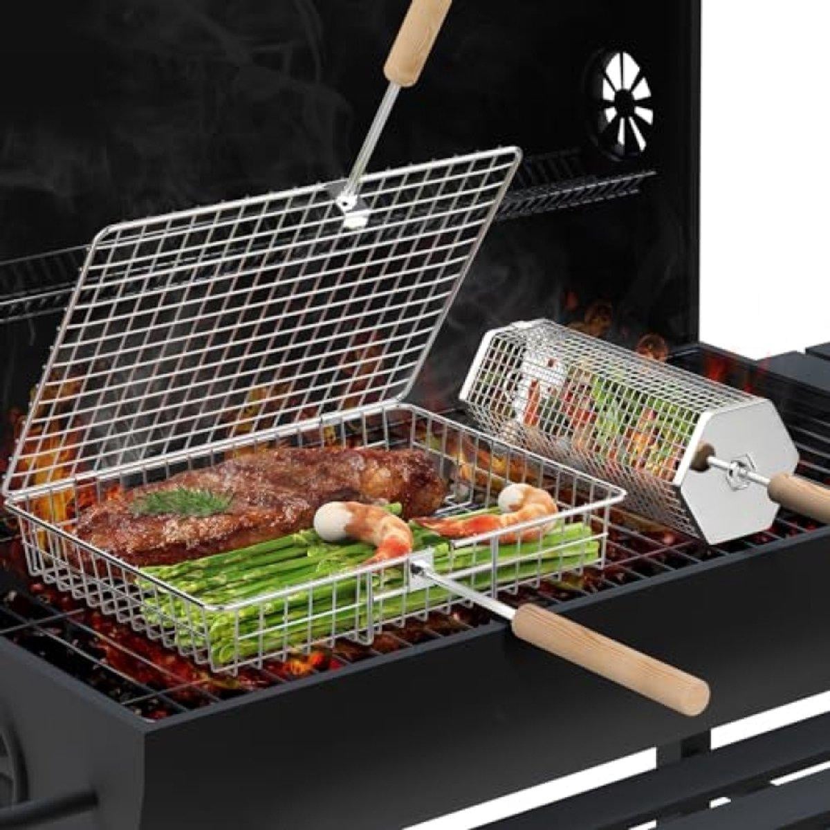 PromoHome Grillmandset met afneembaar houten handvat van roestvrij staal voor groenten en garnalen