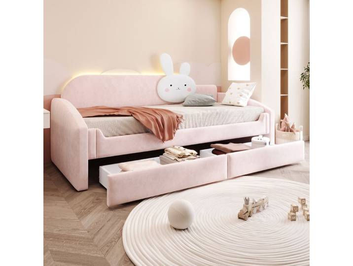 Canapé-lit 90x200 cm lit enfant couchage d'appoint rangement LED velours rose