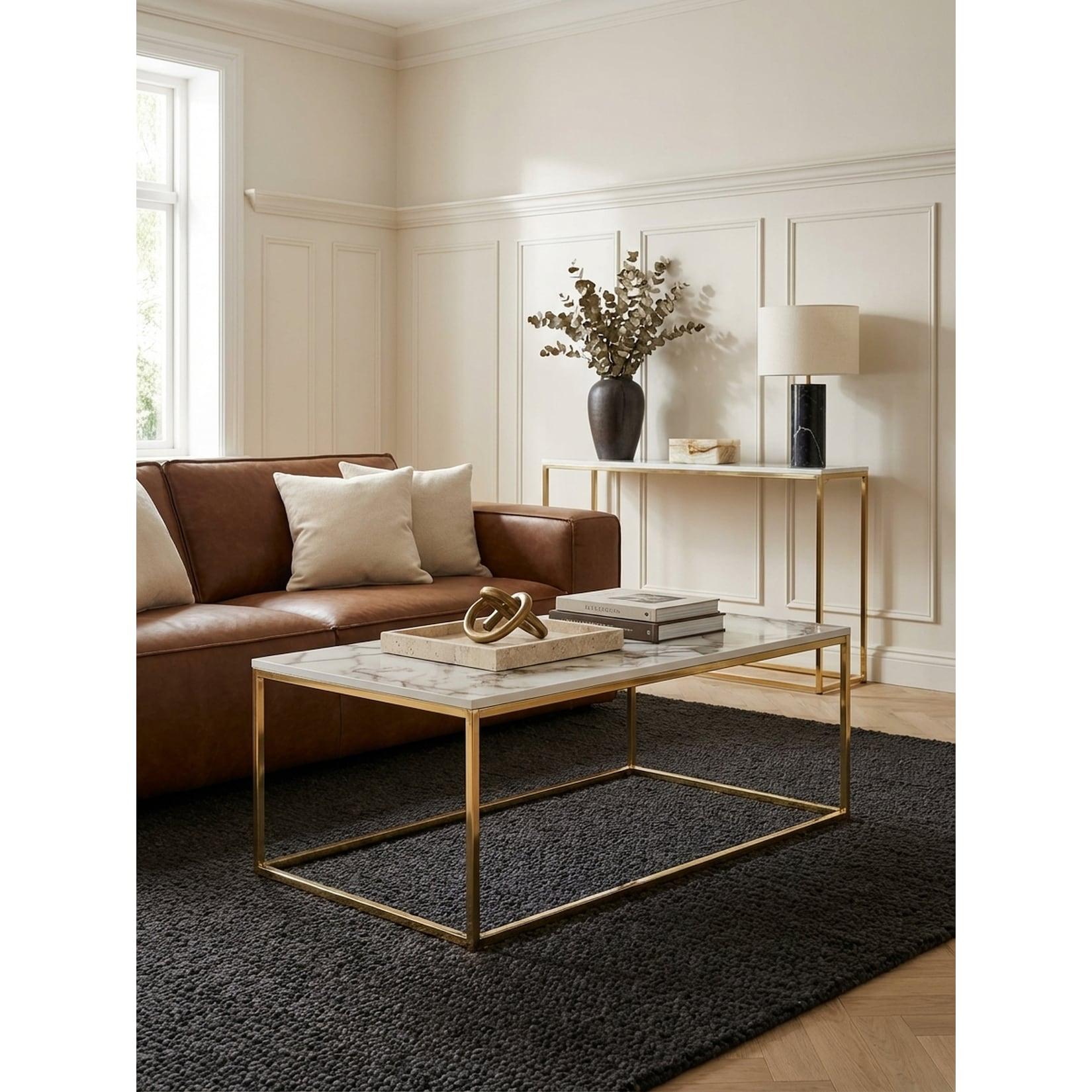 Couchtisch mit Marmor-Optik und Metall-Gestell, Eckig, Weiß 100x60x40 cm