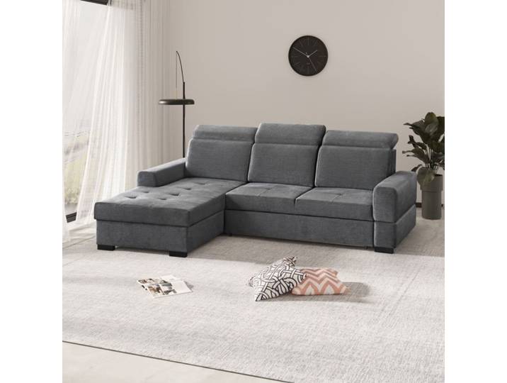 Ecksofa ALEX MINI - Sofa mit Schlaffunktion & Bettkaste, Farbe: voss15 (Grau) , Seite der Ottomane: Links
