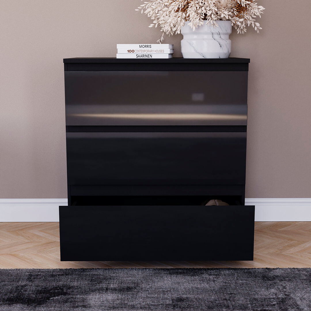 17 Stories Oslo 3 Drawer High Gloss Chest, (FSC 100%) Bedroom Home Furniture Black 73.5cm H X 65cm W X 35cm D