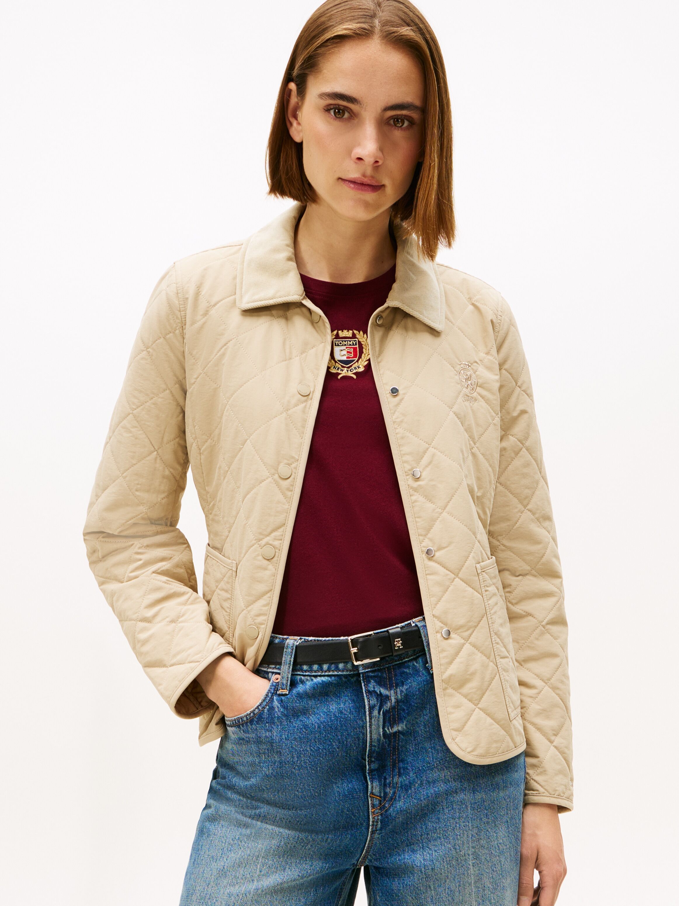 Steppjacke TOMMY HILFIGER "PADDED QUILTED SLIM JACKET", Damen, Gr. XXL (44), beige (silt), Web, Obermaterial: 52% Baumwolle, 48% Polyamid, unifarben, slim fit hüftlang, Jacken Steppjacke silt XXL (44)
