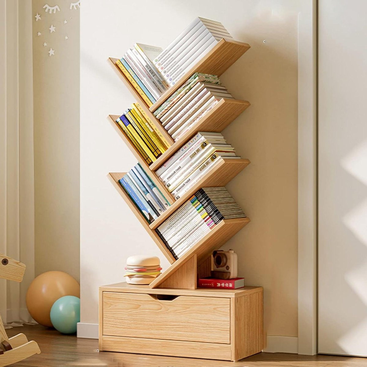 Boomvormige Boekenplank Houtkleur - Staande Boekenplank voor Woonkamer, Slaapkamer of Thuiswerkplek