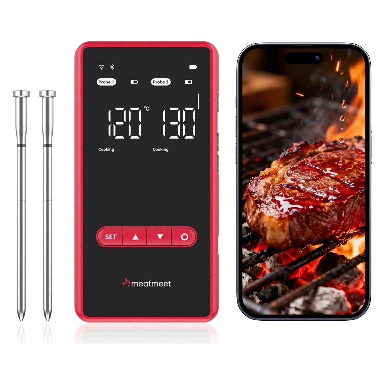 Metapen Meatmeet X Pro Küchenthermometer mit Bluetooth-/WLAN-App für Grill, Backofen und Smoker - Schwarz (6936360611508)