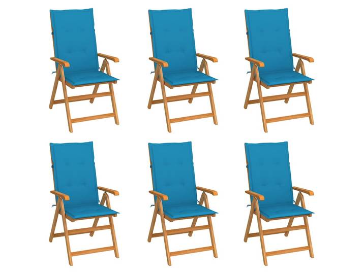 vidaXL Klappstühle, 6er-Set mit blauen Kissen, aus massivem Teakholz
