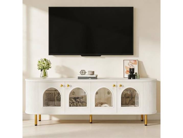 Meuble TV et Divertissement - N621P227496W - Blanc & or - 170x35x55 cm - 4 portes vitrées