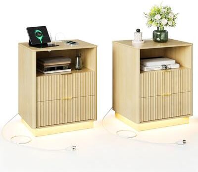Garvee Modern MDF Wood Nightstand with Two Drawers Wave Pattern and Power Strip for Bedroom Storage