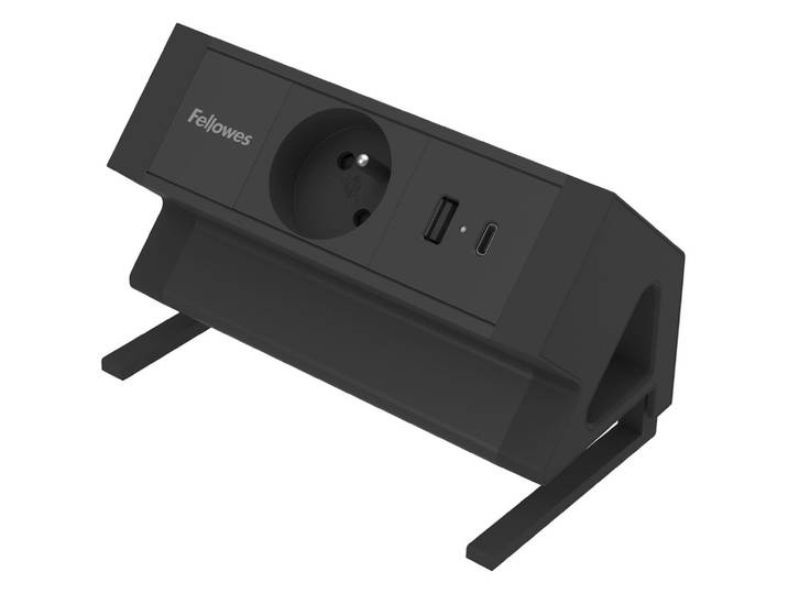 Fellows Bloc prise électrique Ampra à pince pour bureau - 1 prise secteur + 1 port USB-A et USB-C - Noir