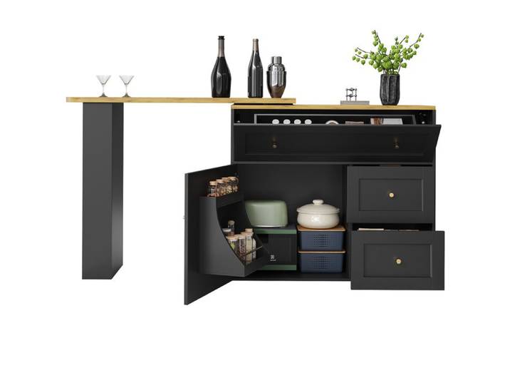 Table haute bistrot extensible noire avec rangement meuble de cuisine 138-204 x 39 x 105 cm