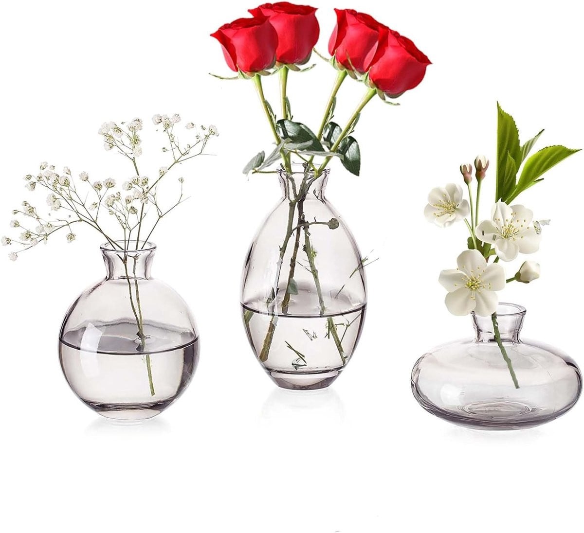 Set van 3 kleine glazen vazen voor decoratie van tafels en bloemen